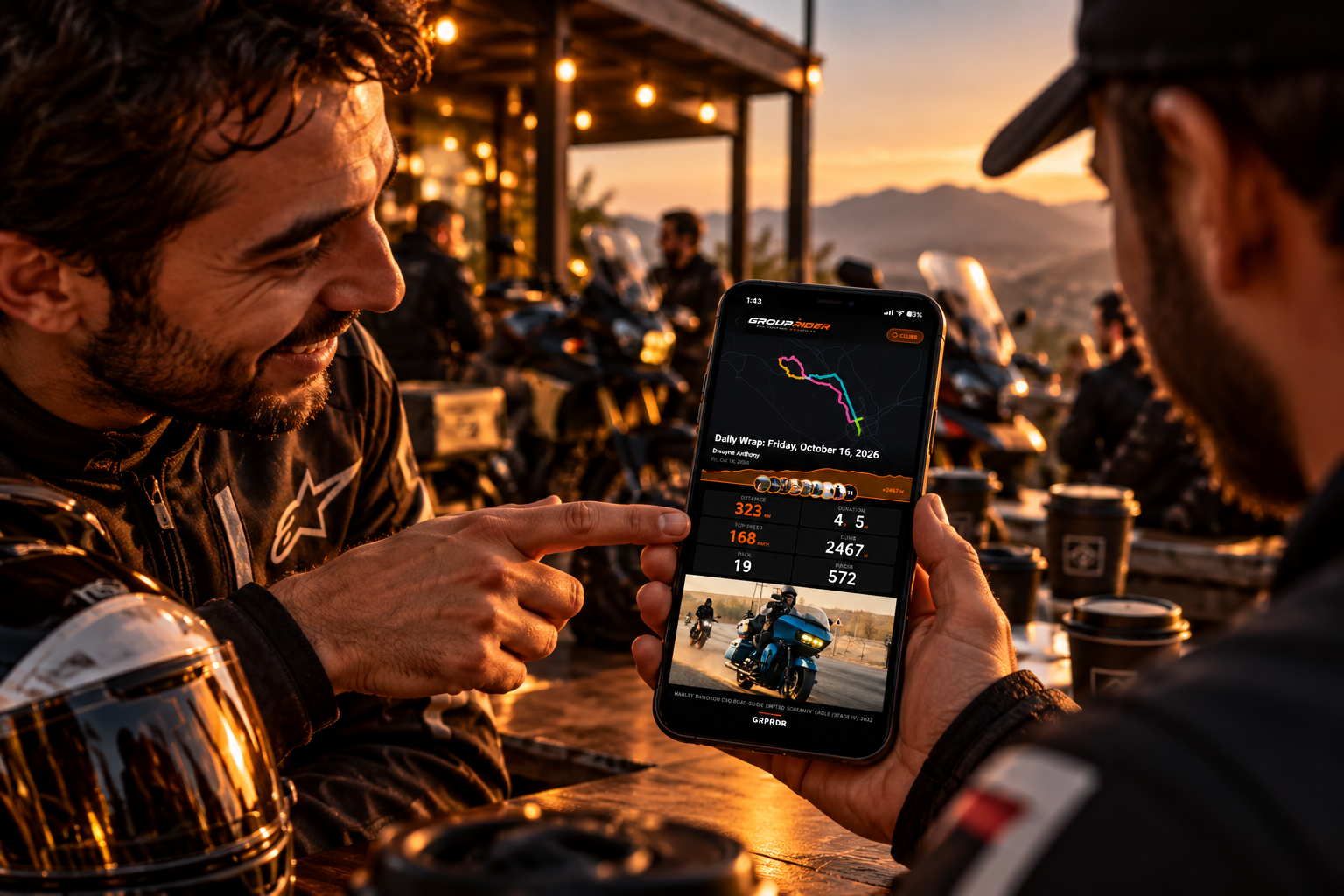 Motorcyclists sharing a sunset ride recap