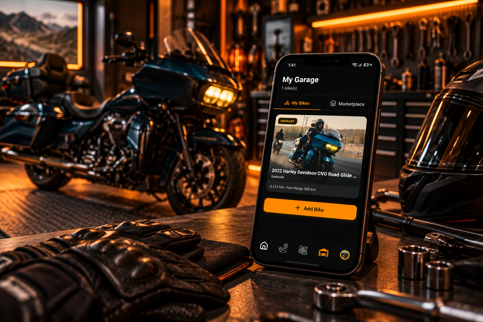 Motorcycles arranged in a cinematic garage workshop