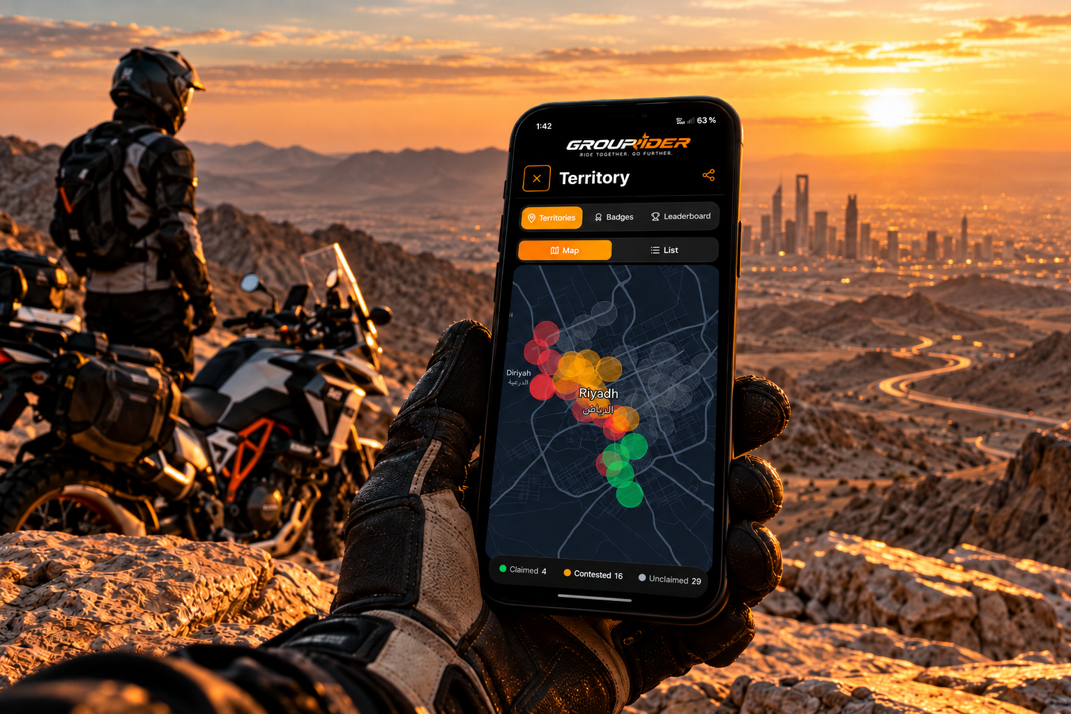 Group riders overlooking Riyadh at sunset